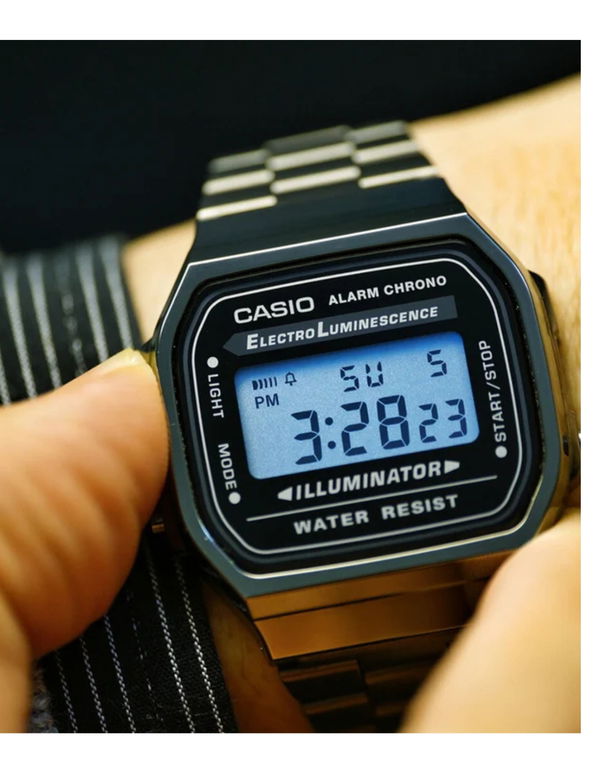 CASIO Vintage Silver Stainless Steel Bracelet Black Dial Gun Metal Men's Watch