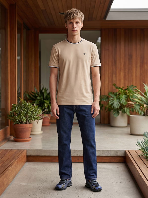 DEEDAT Men's Crew Neck Slim Fit T-Shirt Beige