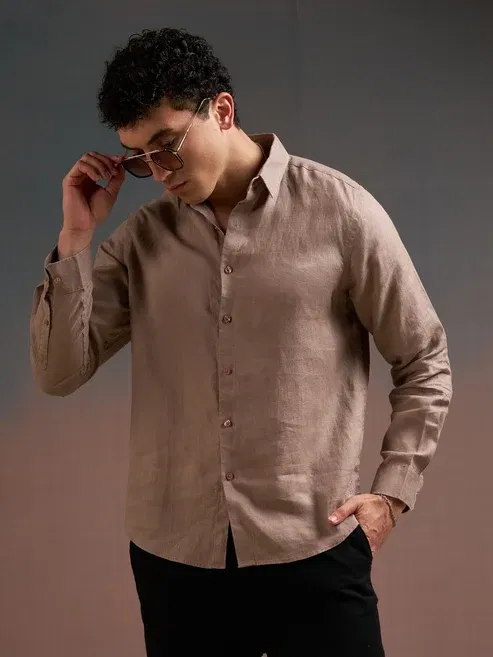 DEEDAT Regular Fit Linen Shirt - Brown