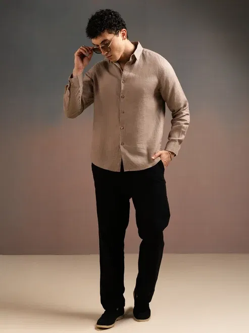 DEEDAT Regular Fit Linen Shirt - Brown