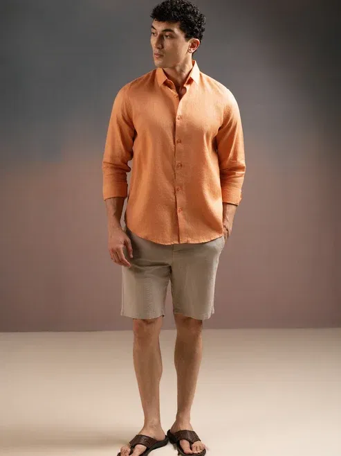 DEEDAT Regular Fit Linen Shirt - Burnt Orange