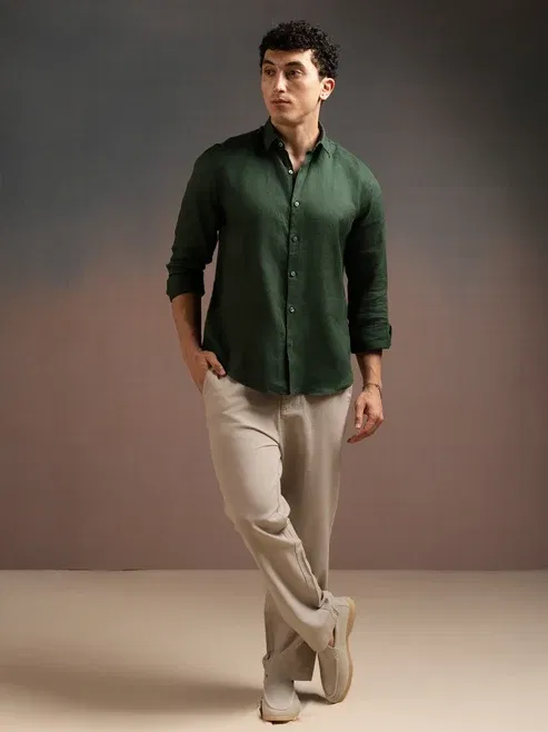 DEEDAT Regular Fit Linen Shirt - Dark Green