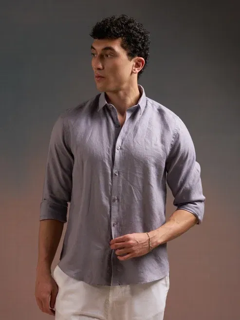 DEEDAT Regular Fit Linen Shirt - Gray