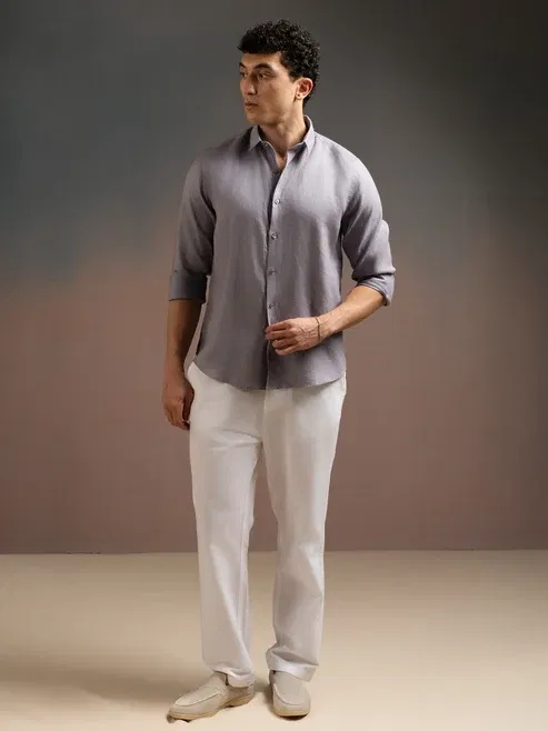 DEEDAT Regular Fit Linen Shirt - Gray