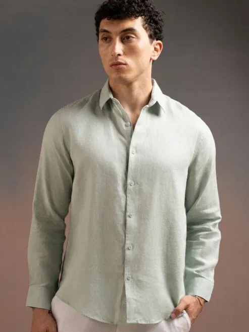 DEEDAT Regular Fit Linen Shirt - Mint Green