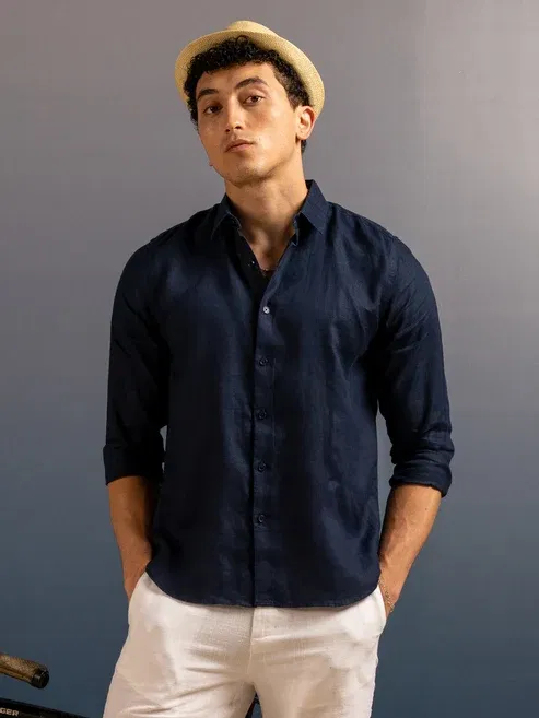 DEEDAT Regular Fit Linen Shirt - Navy