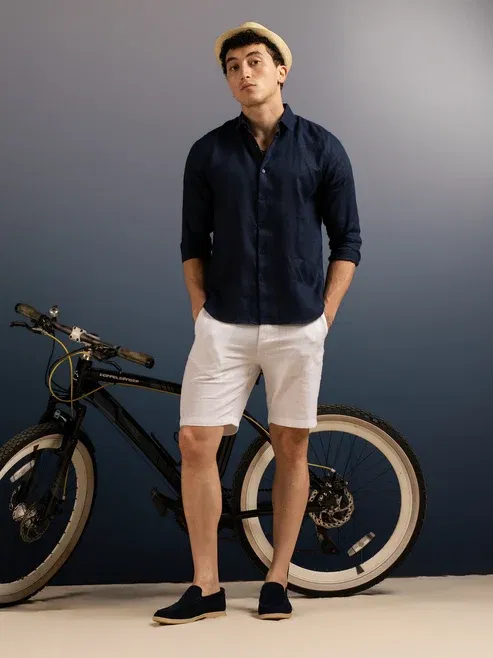 DEEDAT Regular Fit Linen Shirt - Navy