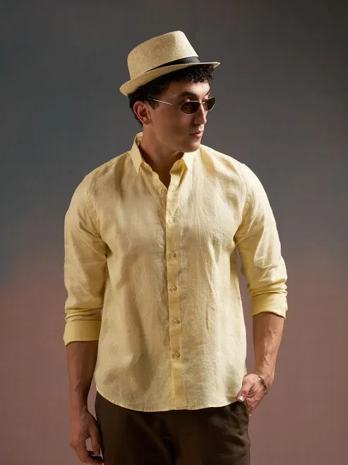 DEEDAT Regular Fit Linen Shirt - Yellow