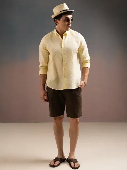 DEEDAT Regular Fit Linen Shirt - Yellow