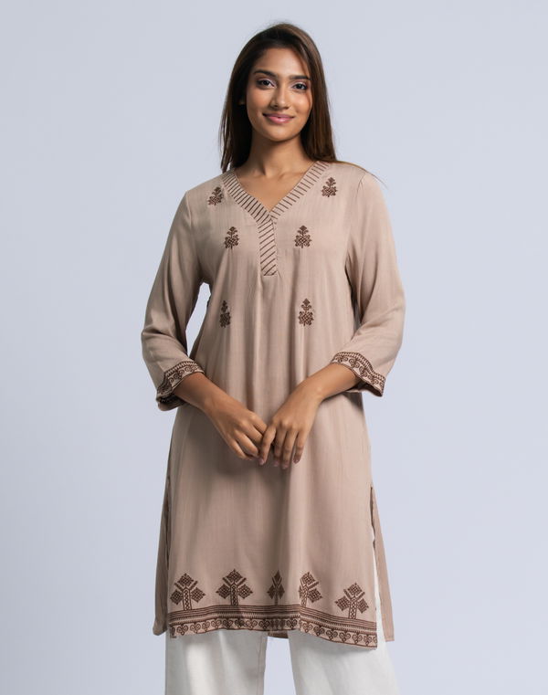 FIA MARIA Women's Embroidery Mid Length Kurta Dark Beige