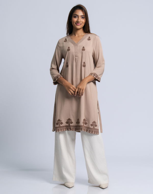 FIA MARIA Women's Embroidery Mid Length Kurta Dark Beige