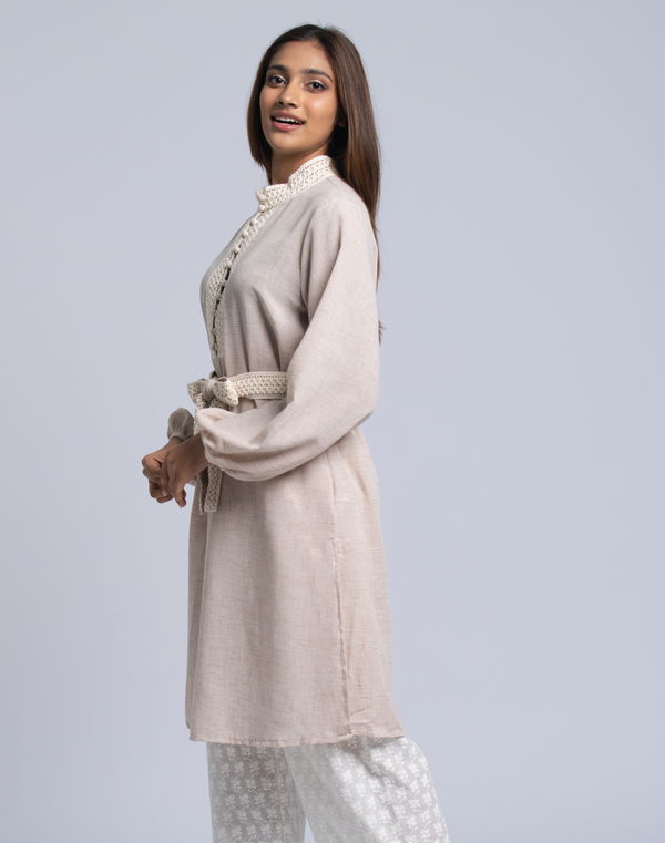FIA MARIA Women's High Neck Lace Work Kurta Beige