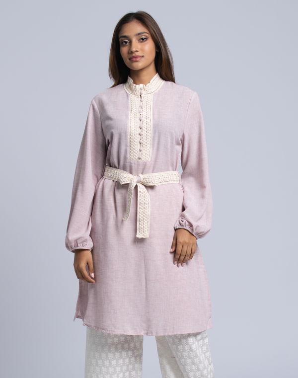 FIA MARIA Women's High Neck Lace Work Kurta Pink