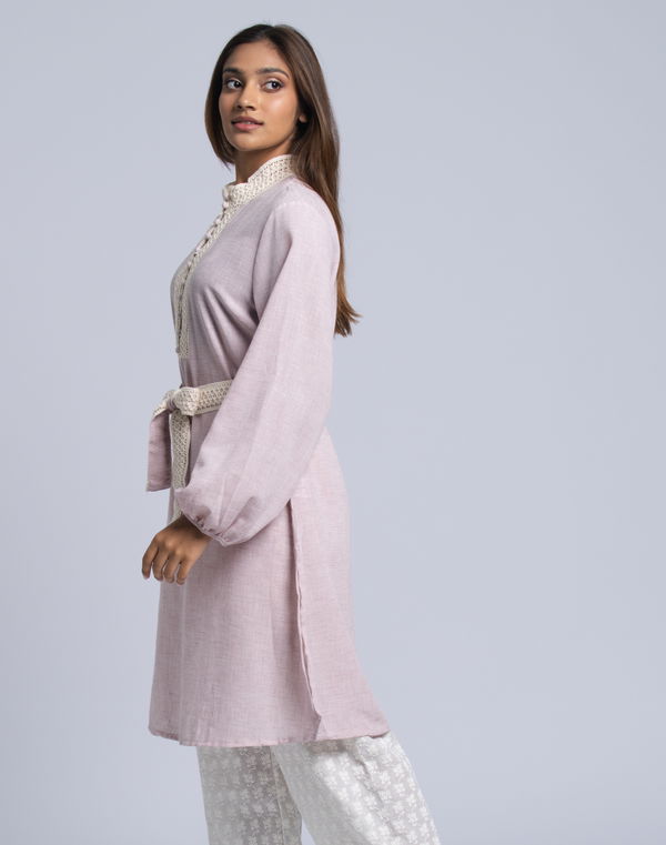 FIA MARIA Women's High Neck Lace Work Kurta Pink