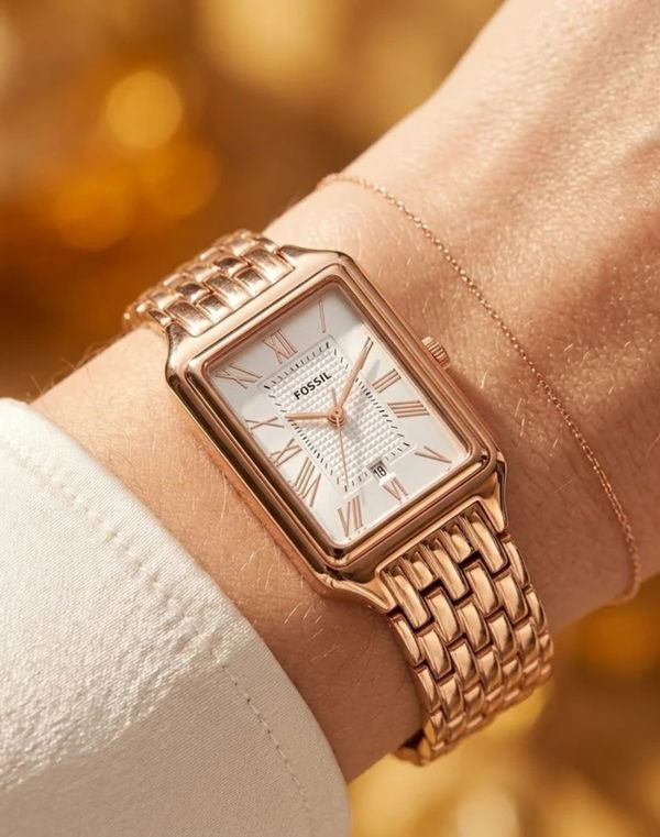 Fossil Raquel White Rectangular Dial Rose Gold Bracelet Women's Watch