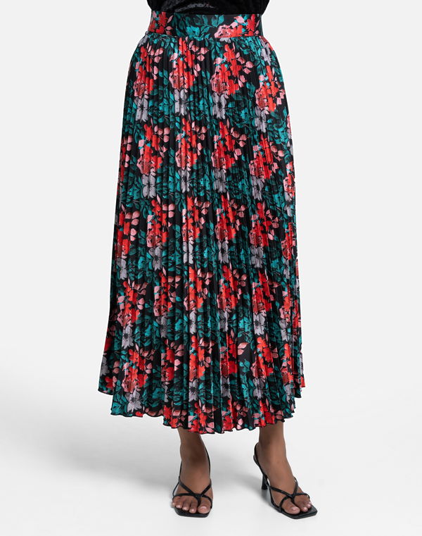 HUF & DEE FESTIVE OPULENCE Women's Printed Long Pleeted Party Skirt Black