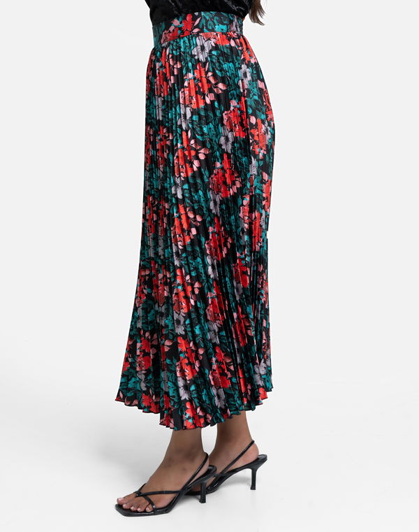 HUF & DEE FESTIVE OPULENCE Women's Printed Long Pleeted Party Skirt Black