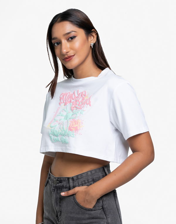 HUF & DEE GRAFFITI STREET Women's Crew Neck Puff Print Crop T-Shirt White
