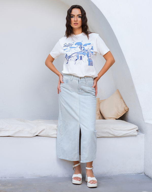 HUF & DEE SANTORINI ESCAPE Women's Denim Casual Skirt Light Blue