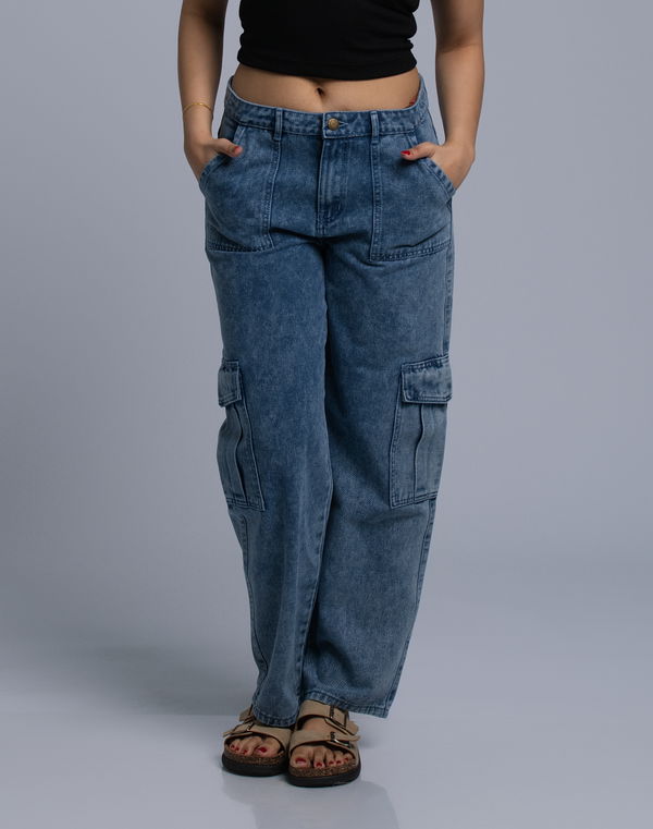 HUF & DEE Women's Cargo Jeans Mid Blue