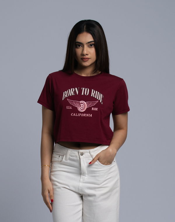 HUF & DEE Women's Printed Crop T-Shirt Maroon