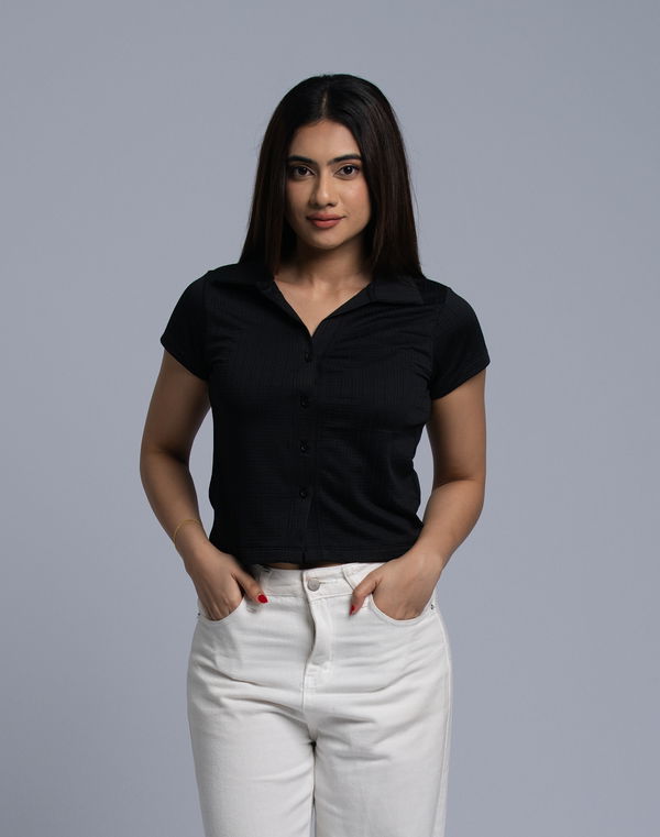 HUF & DEE Women's Shirt Collar Crop T-shirt Black