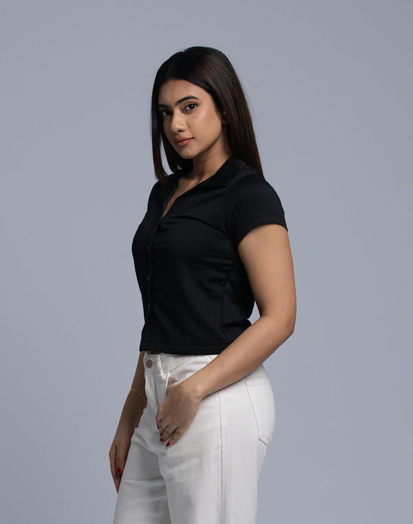 HUF & DEE Women's Shirt Collar Crop T-shirt Black