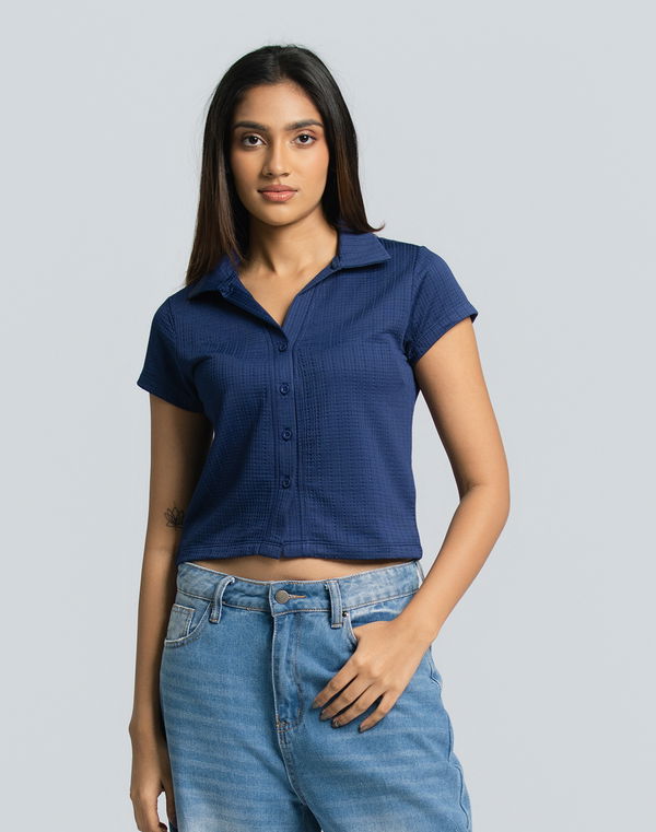 HUF & DEE Women's Shirt Collar Crop T-shirt Navy