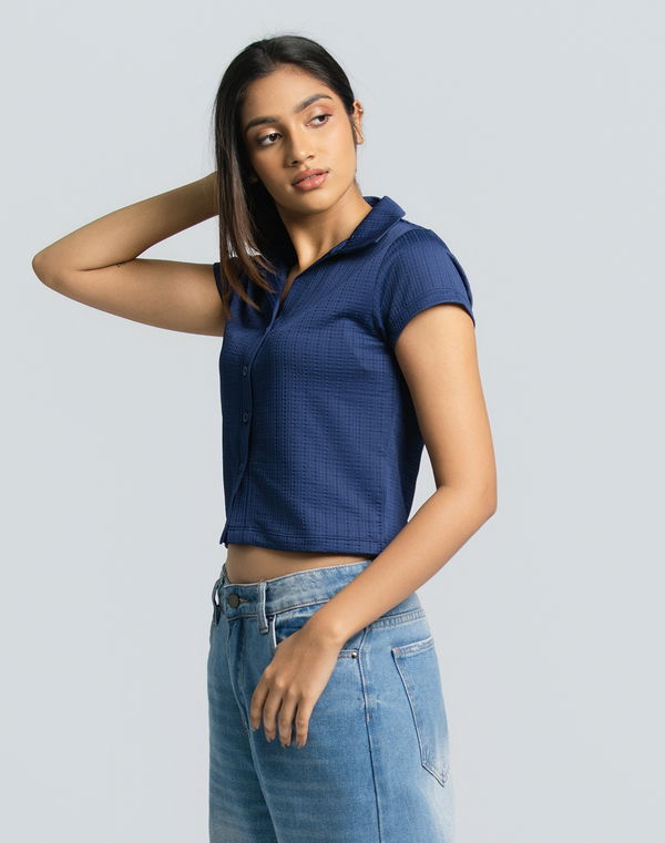 HUF & DEE Women's Shirt Collar Crop T-shirt Navy