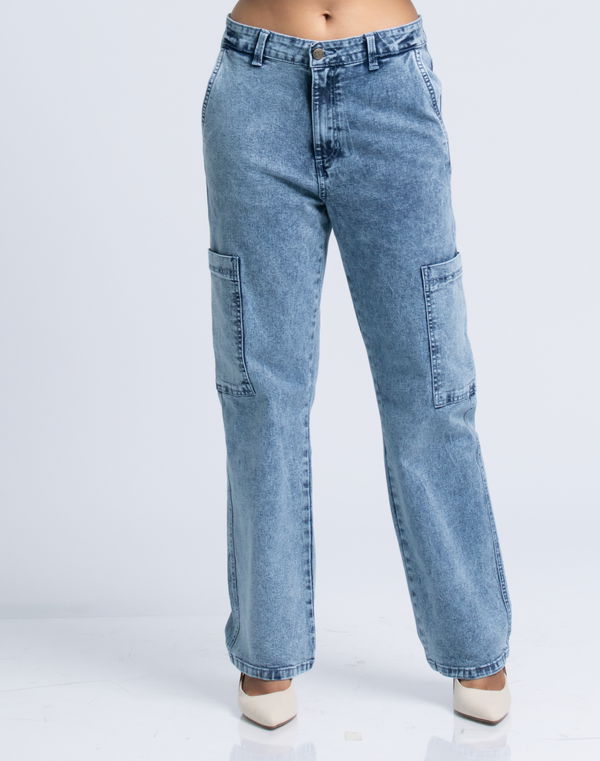 HUF & DEE Women's Wide Leg Cargo Jeans Light Blue