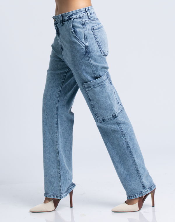 HUF & DEE Women's Wide Leg Cargo Jeans Light Blue