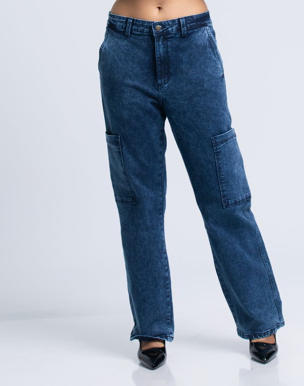 HUF & DEE Women's Wide Leg Cargo Jeans Mid Blue