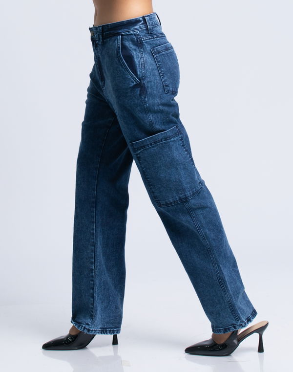HUF & DEE Women's Wide Leg Cargo Jeans Mid Blue