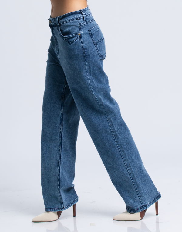 HUF & DEE Women's Wide Leg Mid Waist Jeans Mid Blue