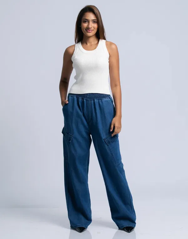 HUF & DEE Women's Cargo High Waist Jeans Mid Blue