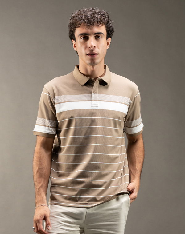 MBRK Men's Stripe Regular Fit Polo T-Shirt Beige