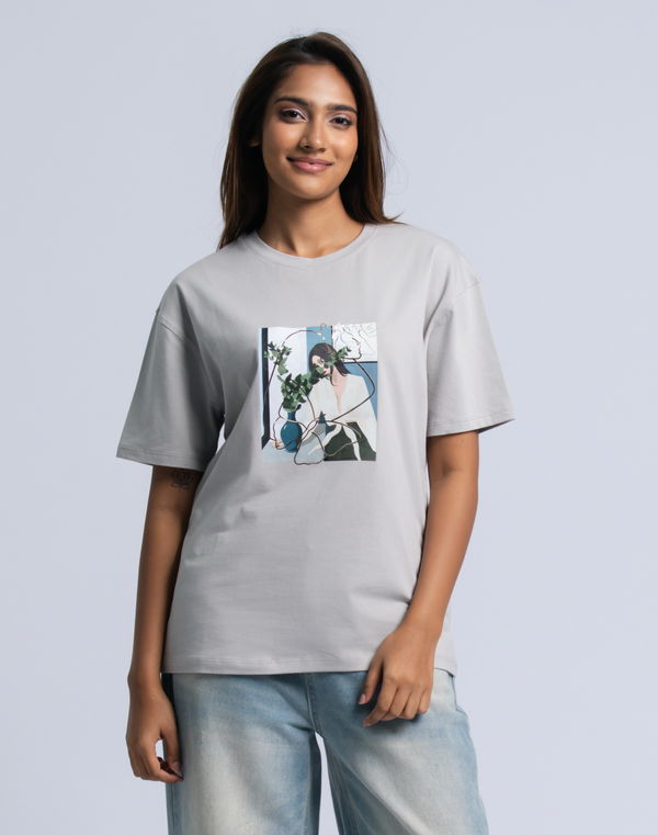 NOLIMIT BELLA ROSE Women's Oversized Crew Neck Plain Short Sleeve T-Shirt Grey