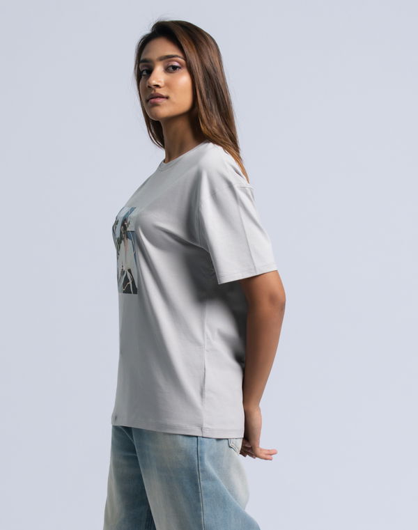 NOLIMIT BELLA ROSE Women's Oversized Crew Neck Plain Short Sleeve T-Shirt Grey