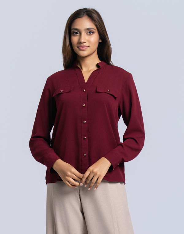 NOLIMIT CLASSIC TRANQUILITY Women's Mandarin Collar Formal Blouse Maroon