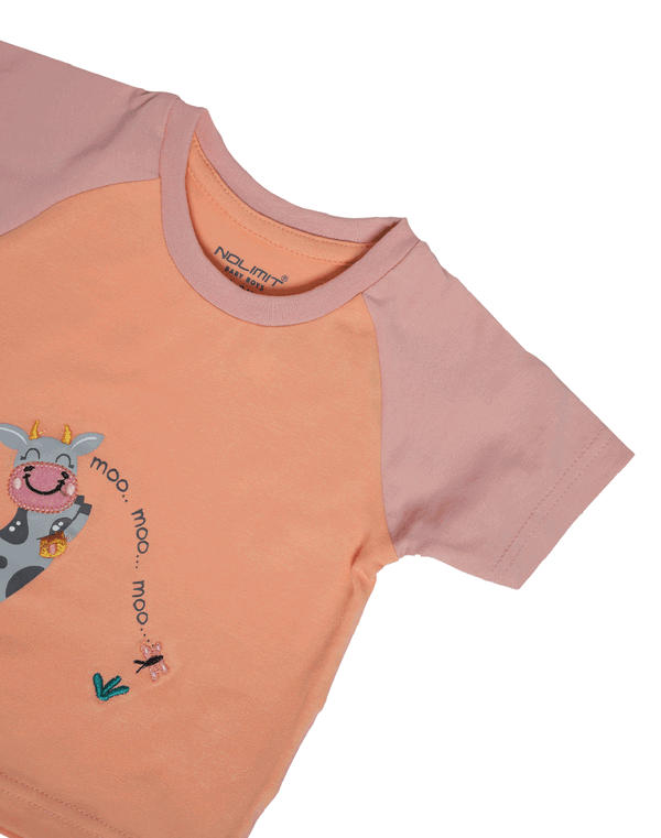 NOLIMIT FARM CLUB Baby Boys Crew Neck Raglan Sleeve Printed T-Shirt Peach