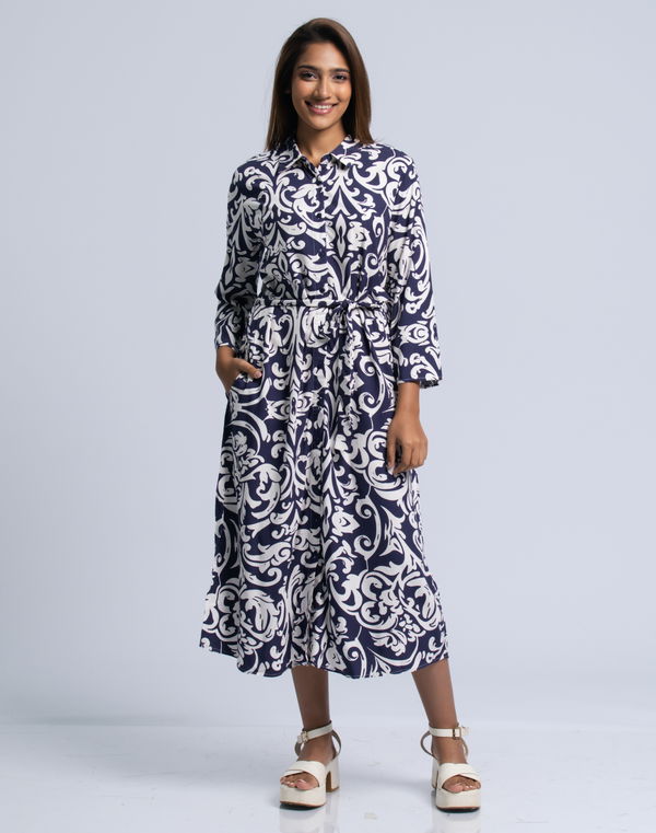 NOLIMIT MODEST Women's Shirt Collar Printed Casual Dress Navy