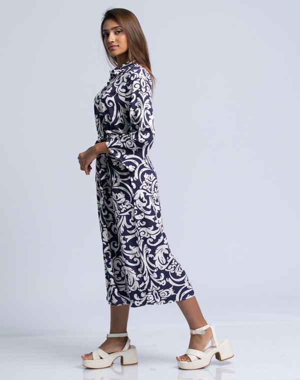 NOLIMIT MODEST Women's Shirt Collar Printed Casual Dress Navy