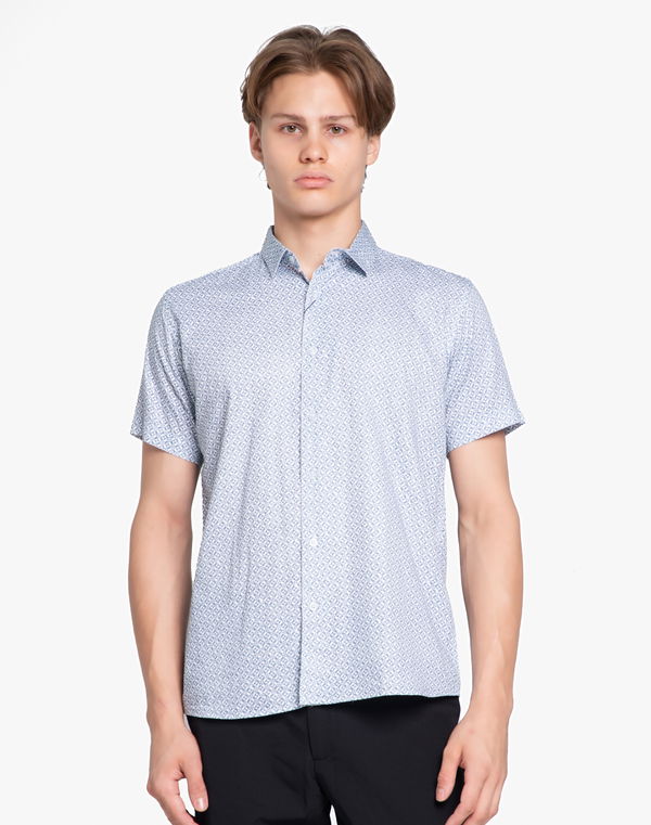 NOLIMIT Men's Curved Hem Regular Fit Cutaway Collar Printed Casual Shirt Teal Grey