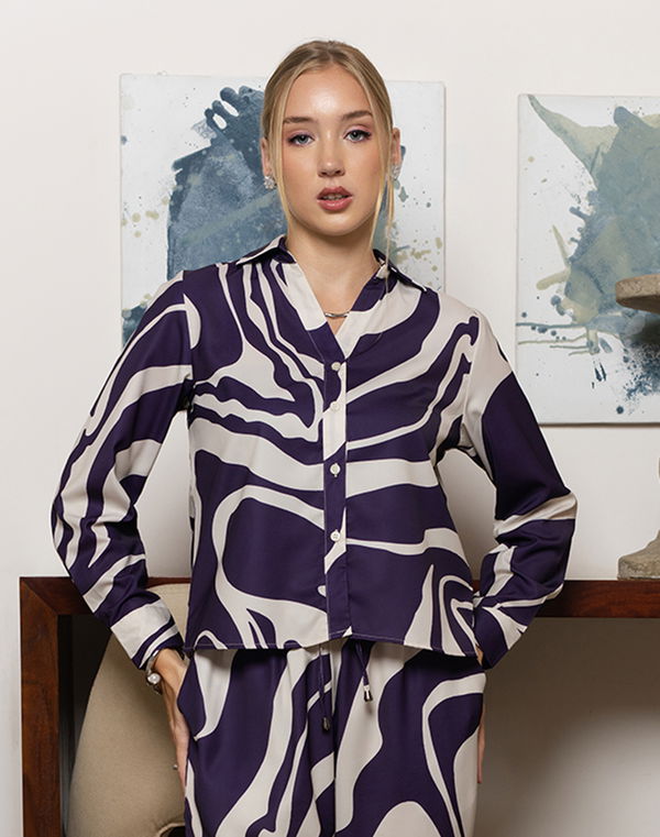 NOLIMIT OFF BEAT IMPRESSIONS Women's Printed Shirt Collar Casual Blouse Dark Purple