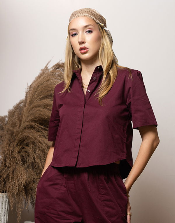 NOLIMIT OFF BEAT IMPRESSIONS Women's Shirt Collar Casual Blouse Maroon