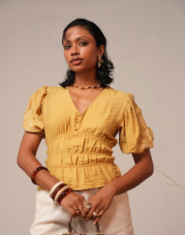 NOLIMIT POETIC NOSTALGIA Women's V Neck Casual Blouse Yellow