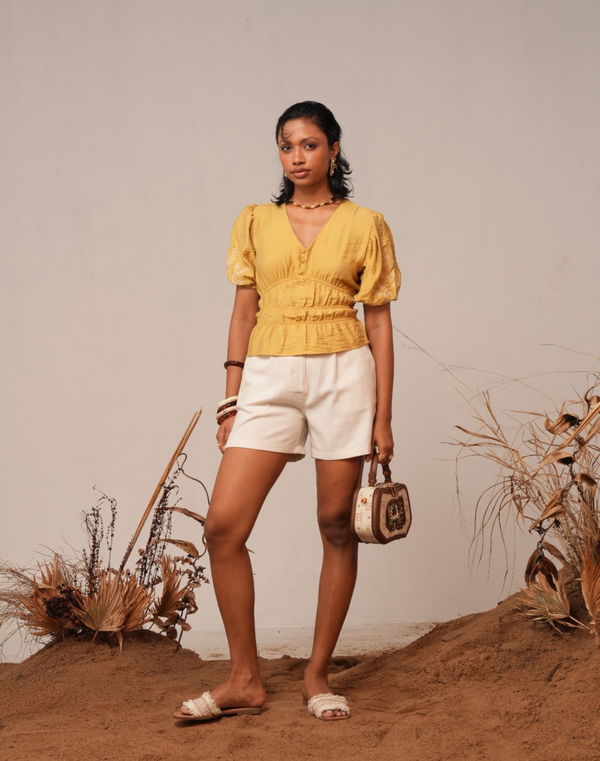 NOLIMIT POETIC NOSTALGIA Women's V Neck Casual Blouse Yellow