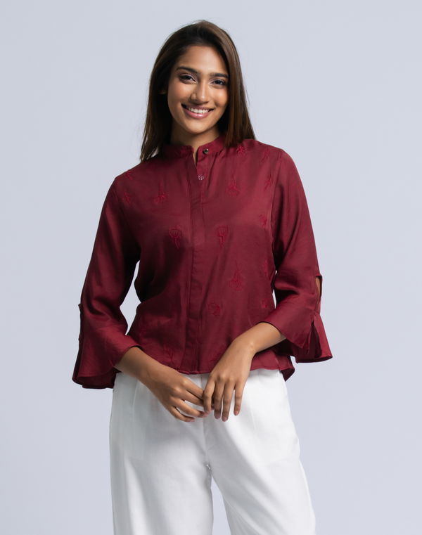 NOLIMIT SURREL ELEGANCE Women's Bell Sleeve Casual Blouse Maroon