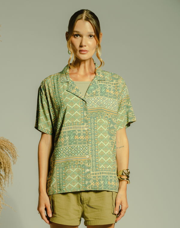 NOLIMIT Women's Casual Printed Blouse - Green/Beige
