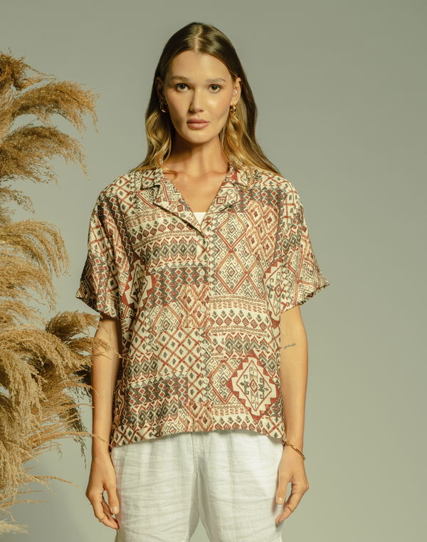 NOLIMIT Women's Casual Printed Blouse - Maroon/Cream